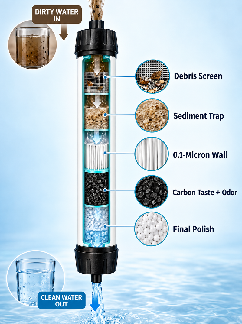 Pour Cloudy Water In The Top. Clean Water Flows Out The Bottom.