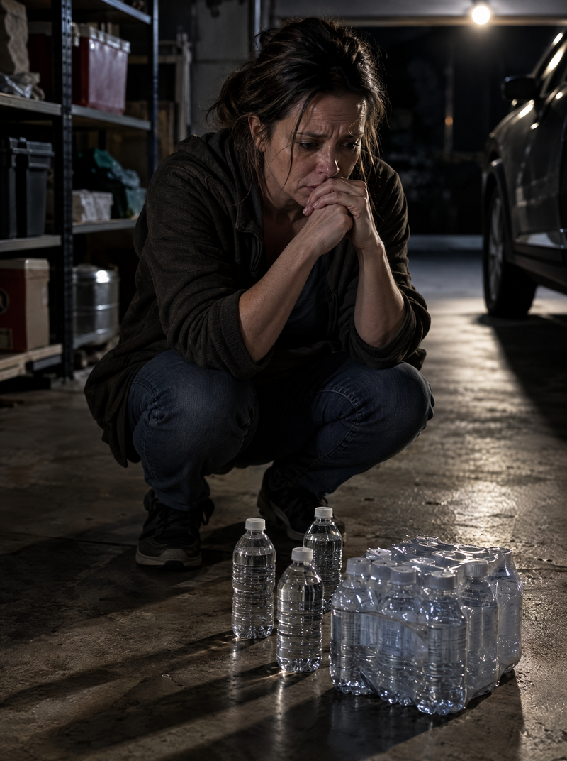 Anxious woman realizing her water stash will not last