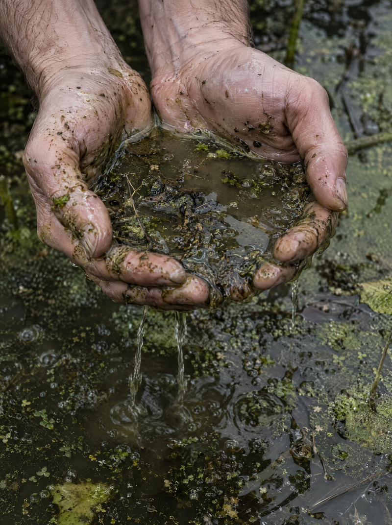 Cupped hands full of contaminated pond water