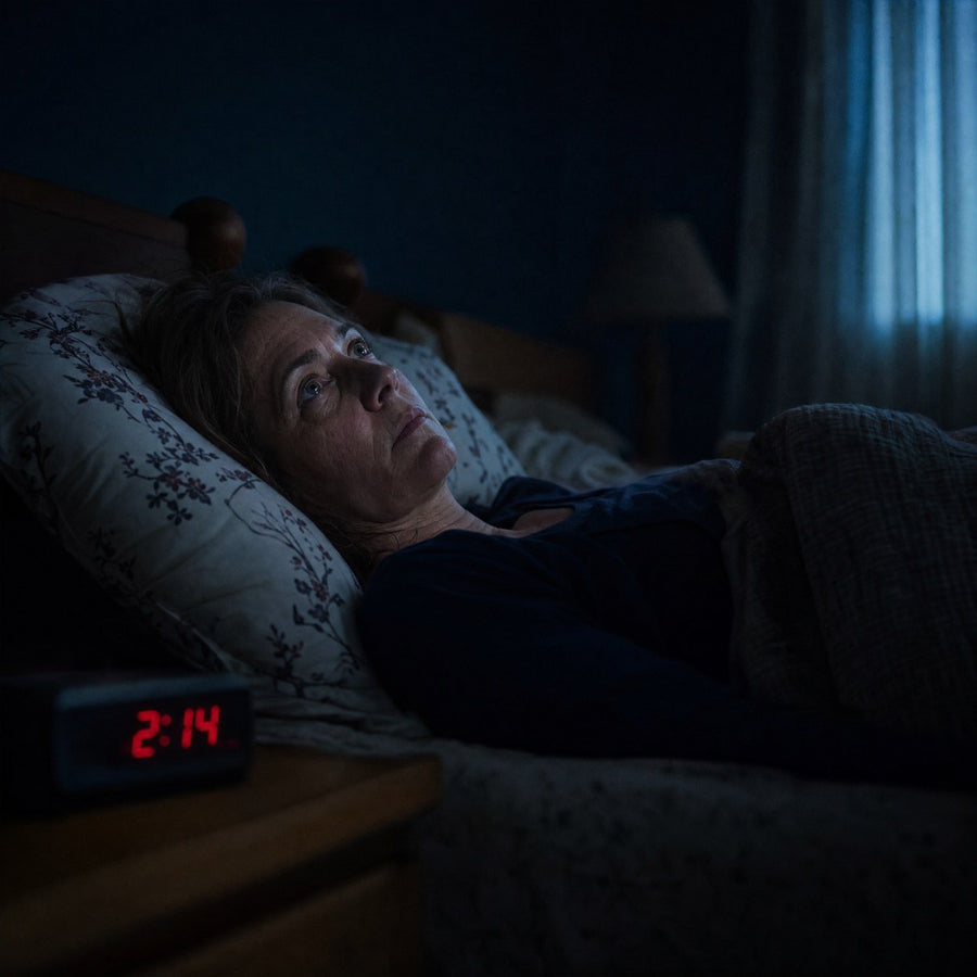 A woman lying awake at 2am, unable to quiet her racing mind