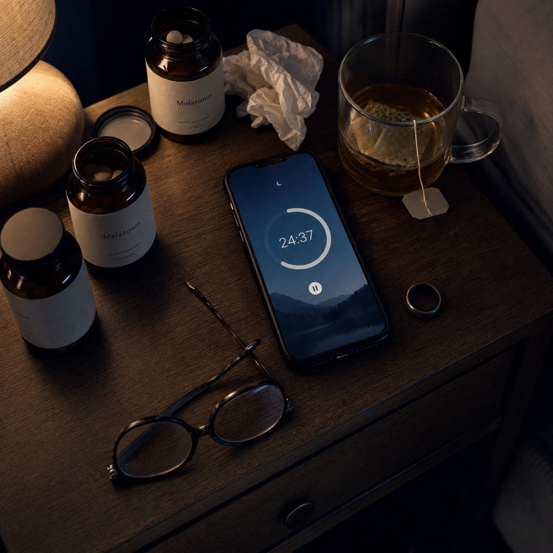 A nightstand crowded with failed sleep products