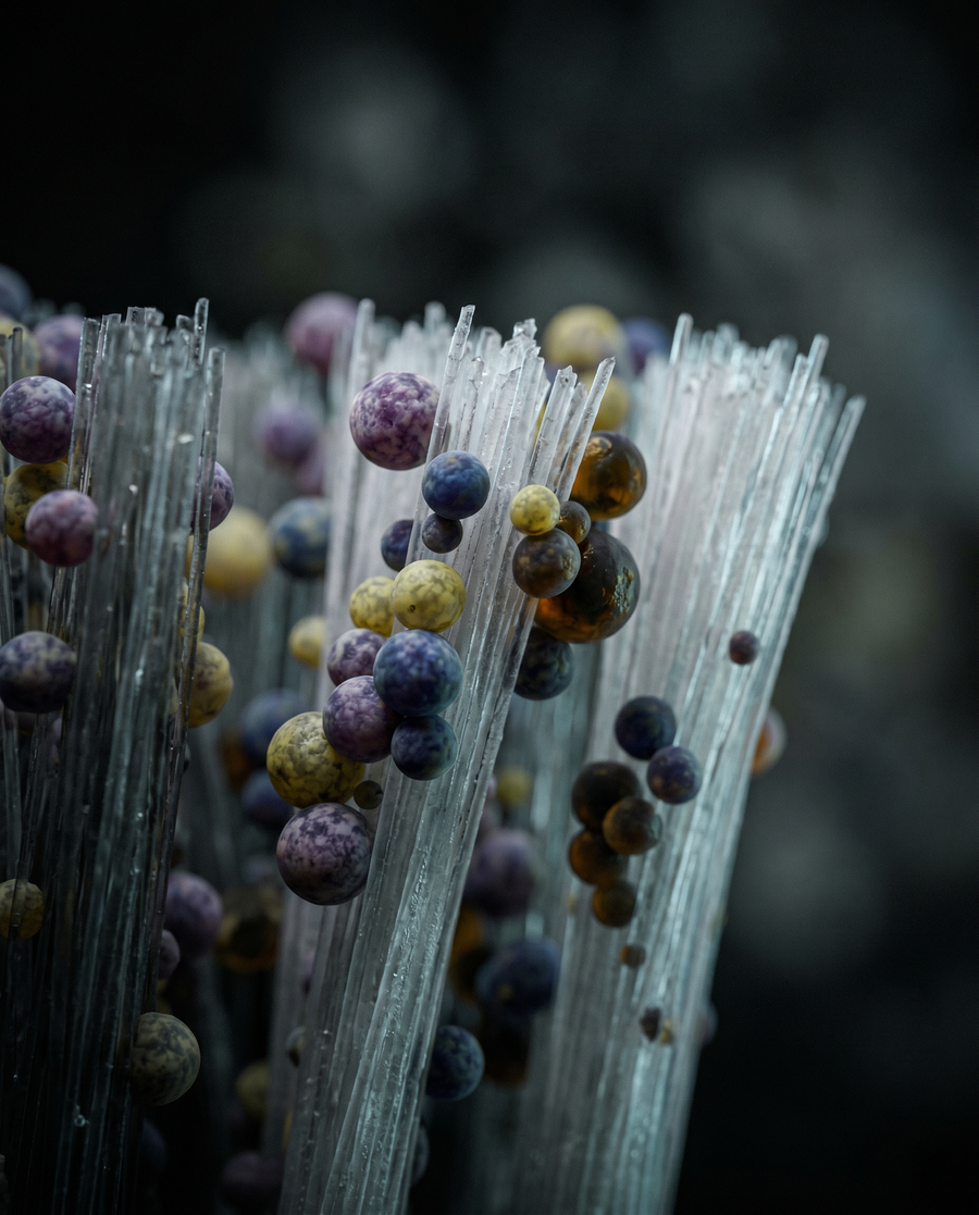 Magnified germs clinging to toothbrush bristles
