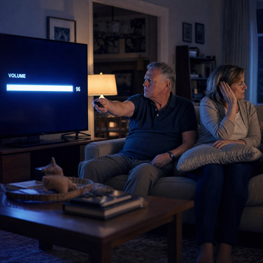 A man turning the TV volume to 78 while his wife covers her ear