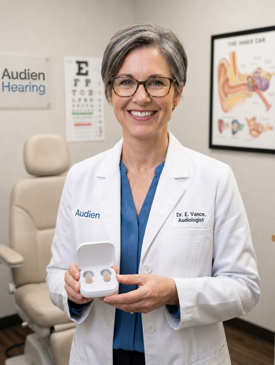 Dr. Linda Reeves, AuD, holding the Audien Atom 2 charging case