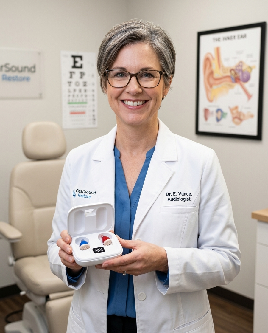 Dr. Linda Reeves, AuD, holding the ClearSound Restore charging case