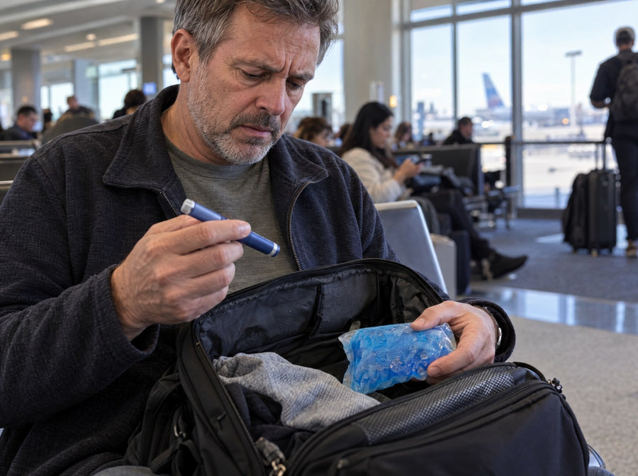 A traveler at an airport holding an insulin pen and a melted ice pack