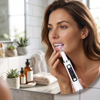 Woman using Pearlo at the mirror