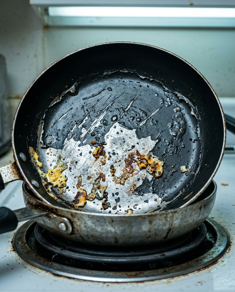 Three failed alternative pans: ceramic, stainless, cast iron
