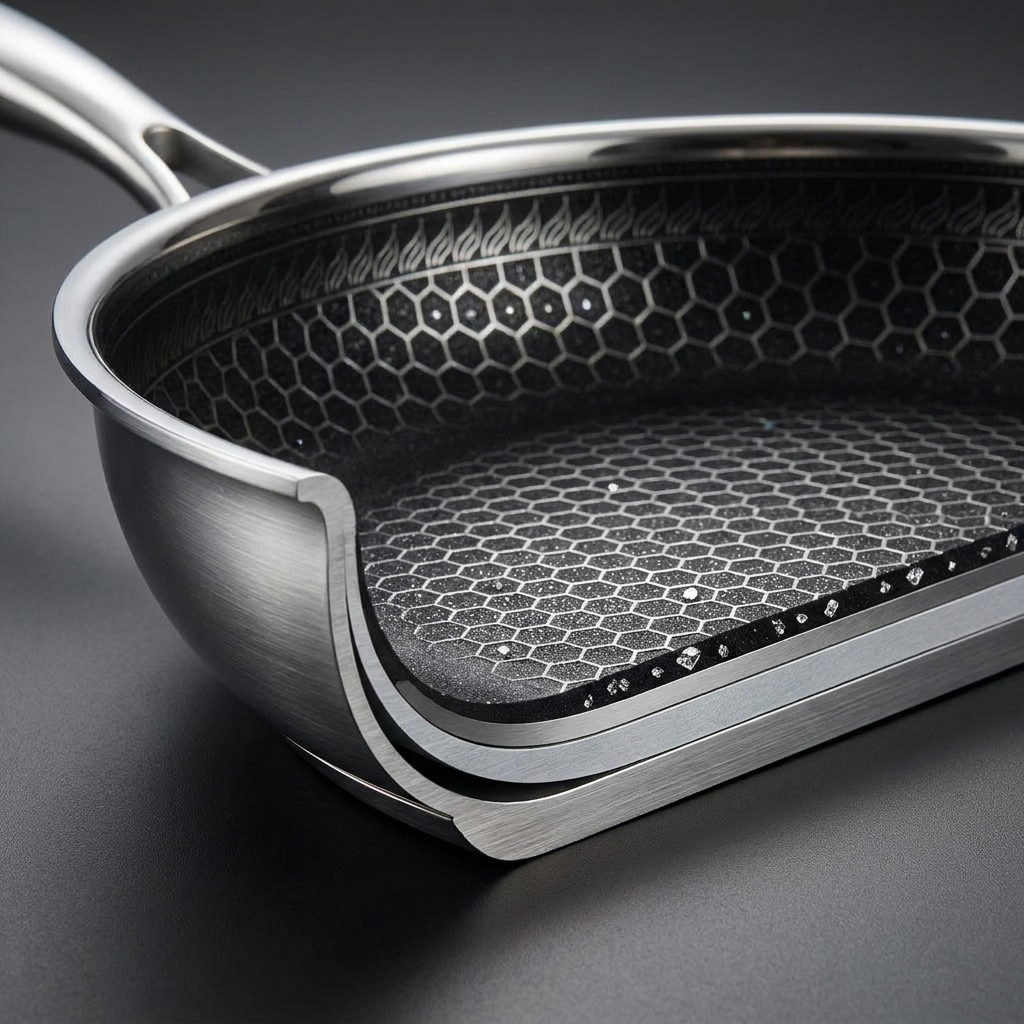 PureClad pan cut in half - diamond ceramic and tri-ply metal layers