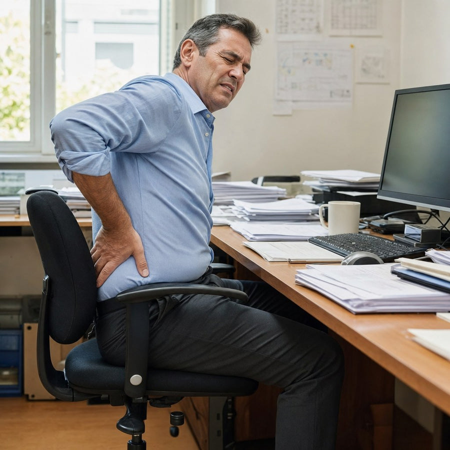 A man at his desk shifting in his chair with a hand pressed to his lower back