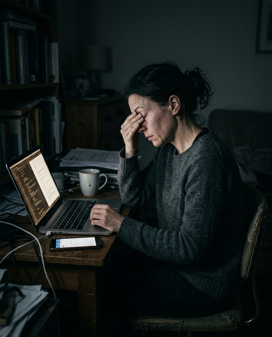 A person rubbing tired, strained eyes late at night