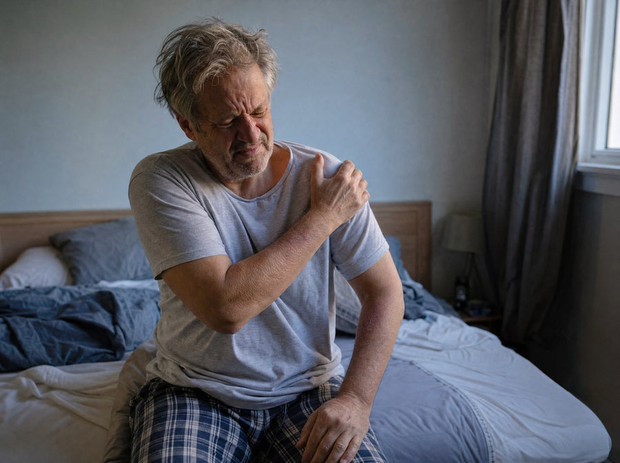 A man gripping his stiff shoulder as he gets up in the morning
