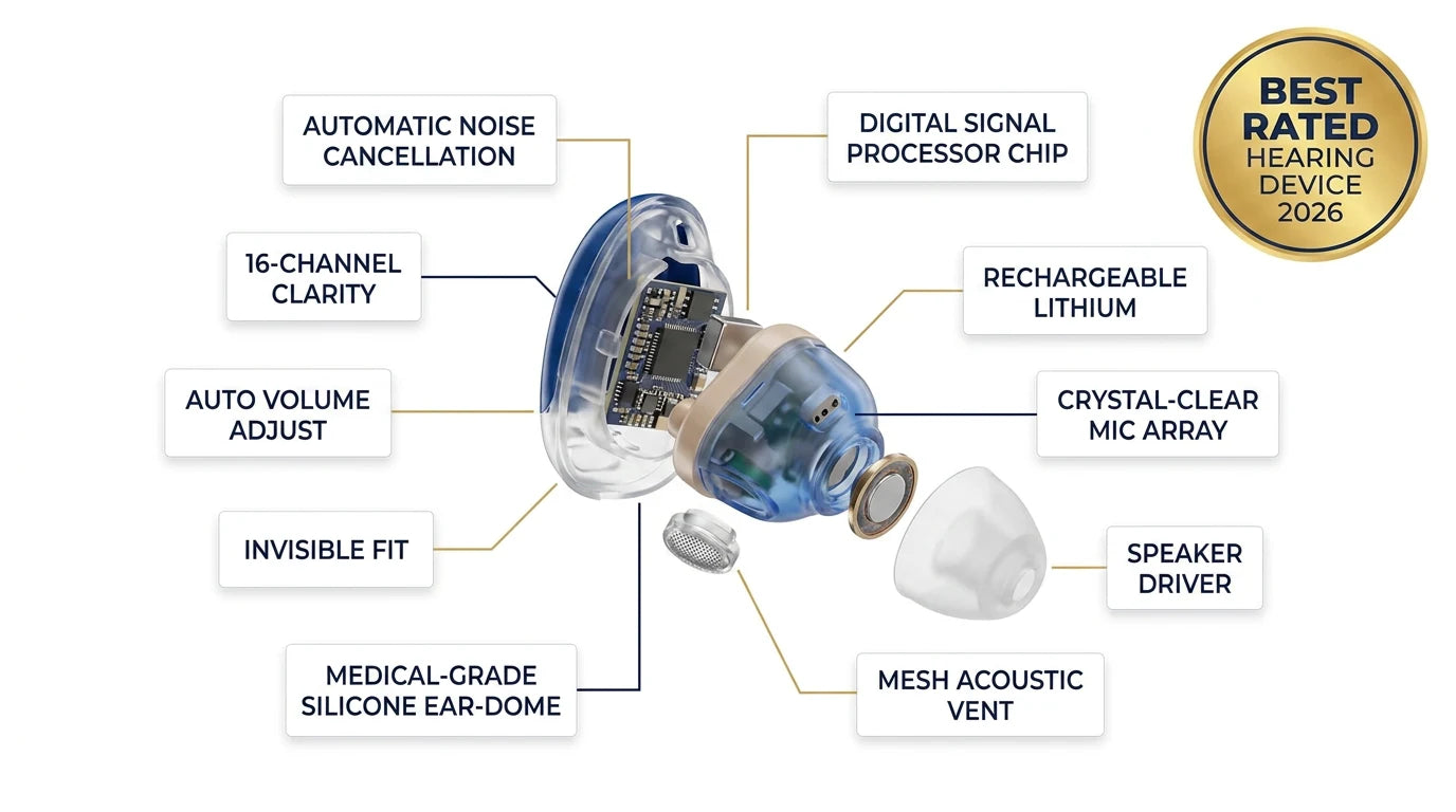 ClearSound Restore scientific exploded-view infographic